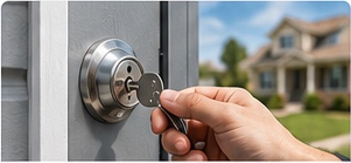 Residential locksmith using a key in a modern door lock